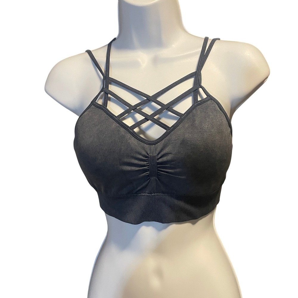 Women Y2K Strappy Caged Crop Top Bralette S/M Acid Wash Festival Layering Sports